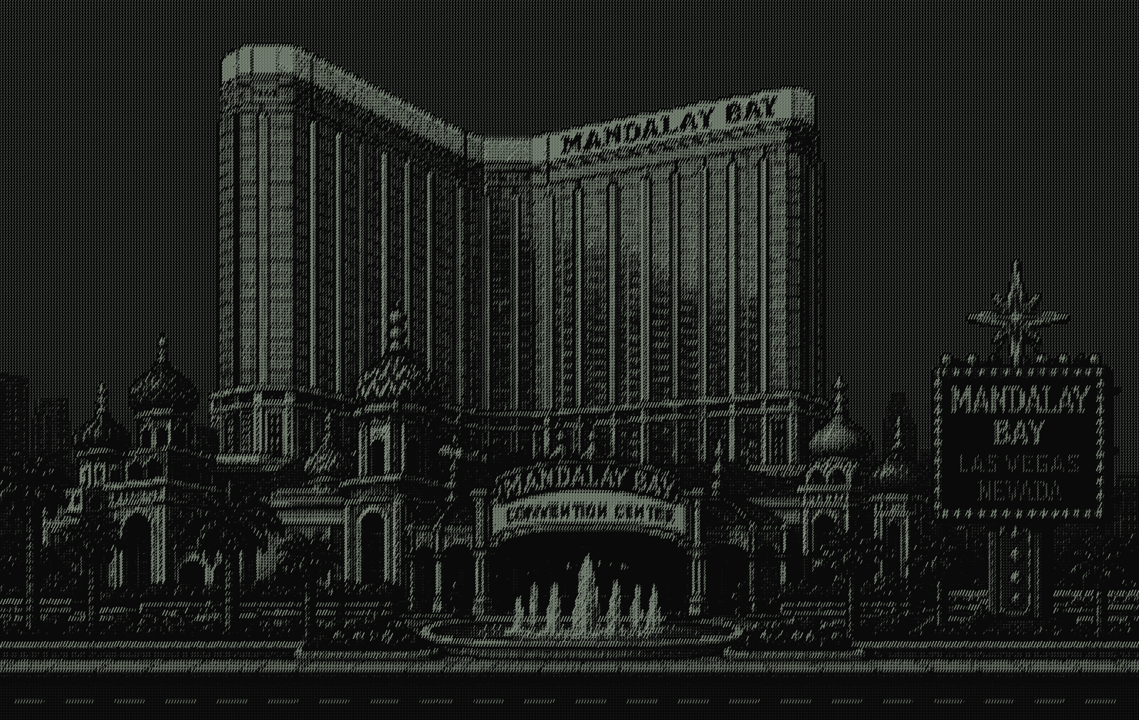 Dithered surveillance still of a Las Vegas hotel — the suspect's last known location